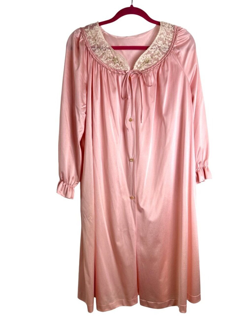 Vintage Lorraine Pink Nylon Nightgown Lace Trim & Button Front  Size Large